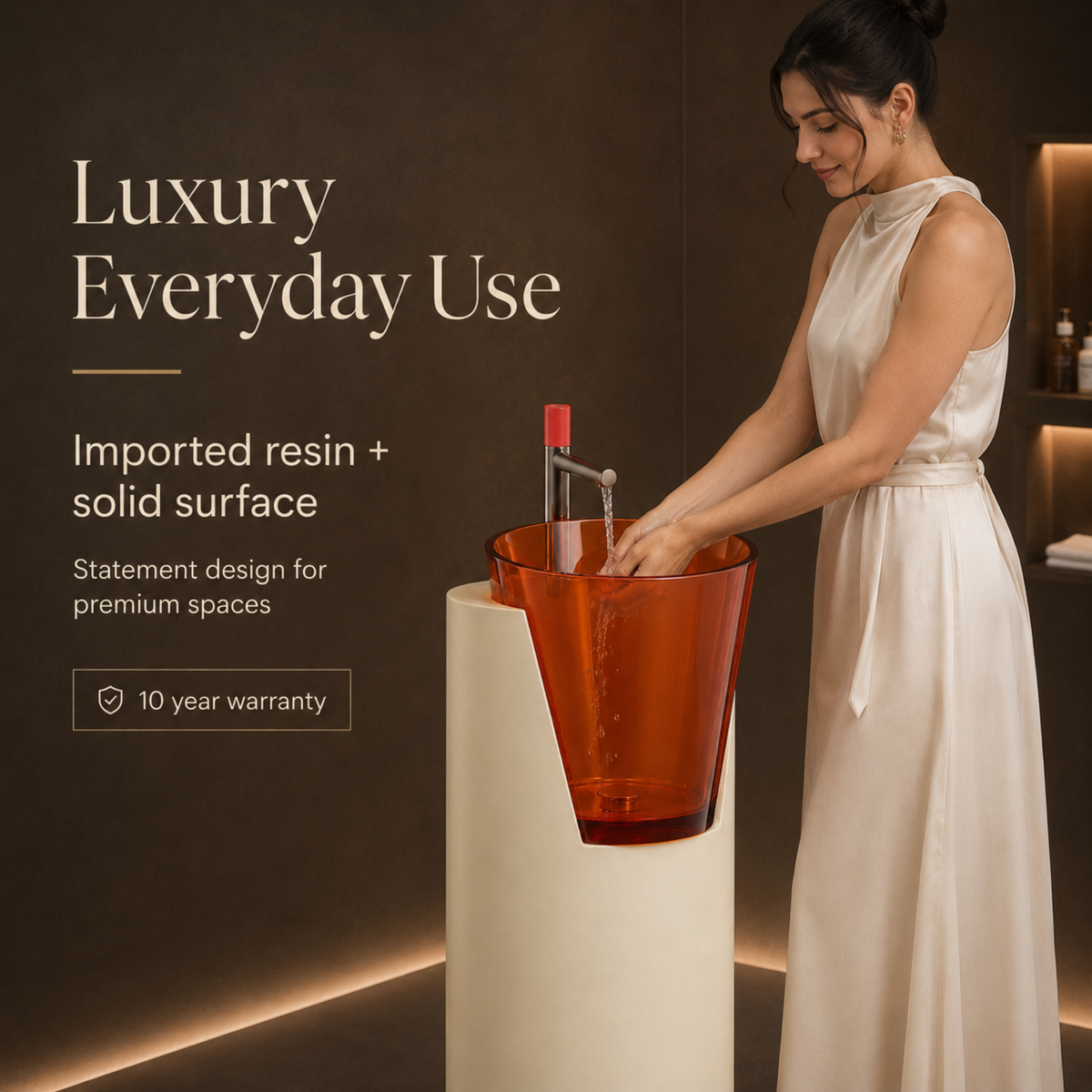 Novera Global Crest Luxury Freestanding Pedestal Wash Basin | 10-Years Warranty | Resin & Solid Surface Floor Standing Designer Bathroom Sink with Translucent Red Bowl | Drainer Included, 400 × 467 × 900 mm