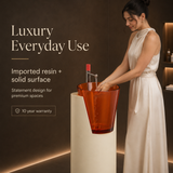 Novera Global Crest Luxury Freestanding Pedestal Wash Basin | 10-Years Warranty | Resin & Solid Surface Floor Standing Designer Bathroom Sink with Translucent Red Bowl | Drainer Included, 400 × 467 × 900 mm