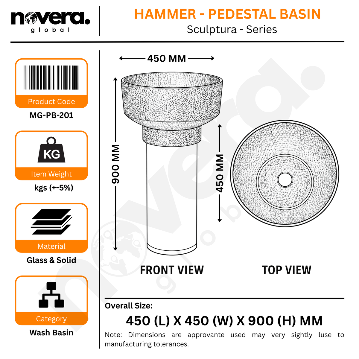 Novera Global Hammer Freestanding Pedestal Wash Basin | Round Smoked Glass Bowl with Matte Black Solid Surface Pedestal & Gold Accent | 10-Years Warranty | Floor Standing Wash Basin | 450 × 450 × 900 mm