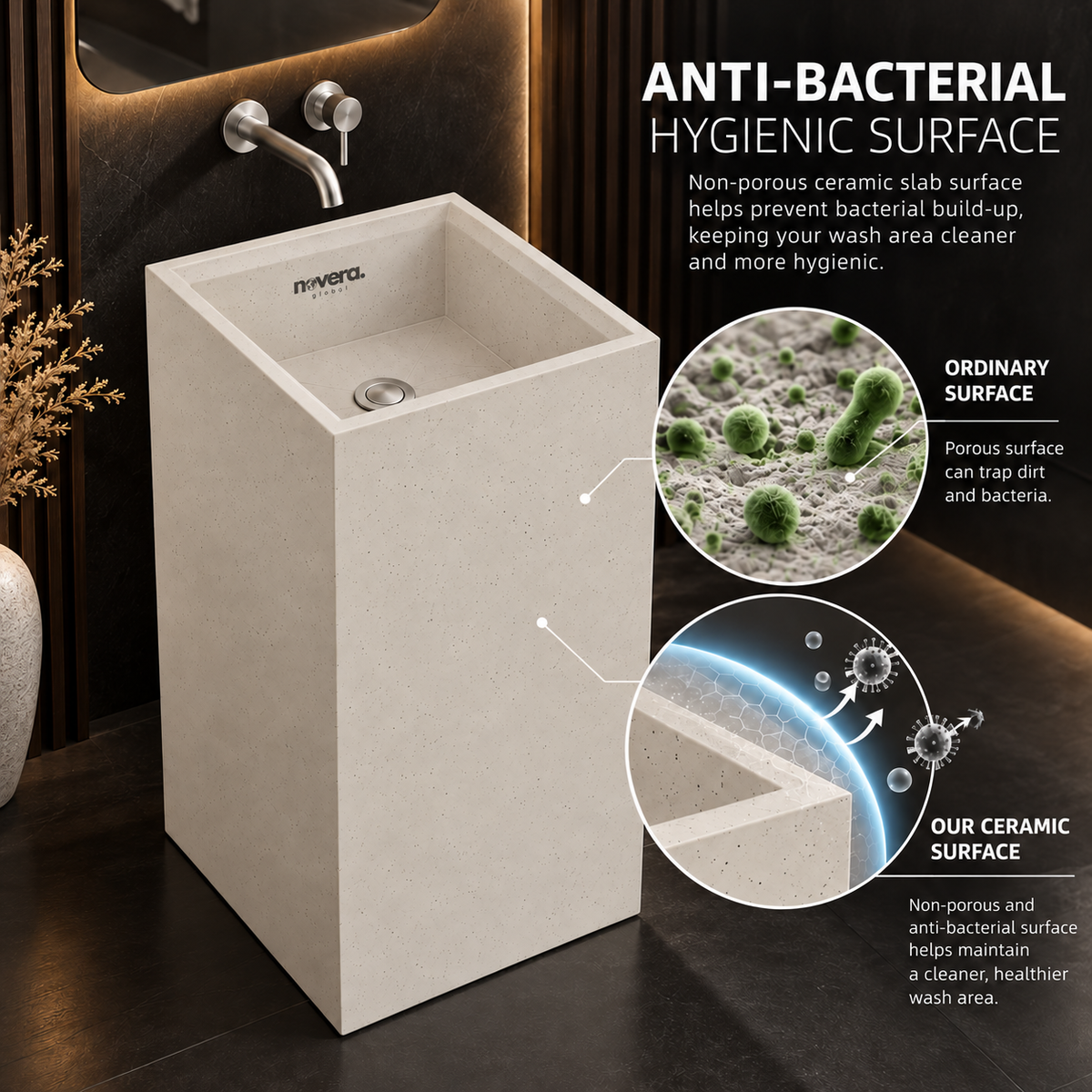 Novera Global Linen Floor Standing Pedestal Wash Basin | 15-Years Warranty | 15 mm Ceramic Slab Matte Finish Speckled off White | Flexible Floor or Wall Drain | Scratch, UV & Water Resistant bathroom Sink | Pop-up Drain Included