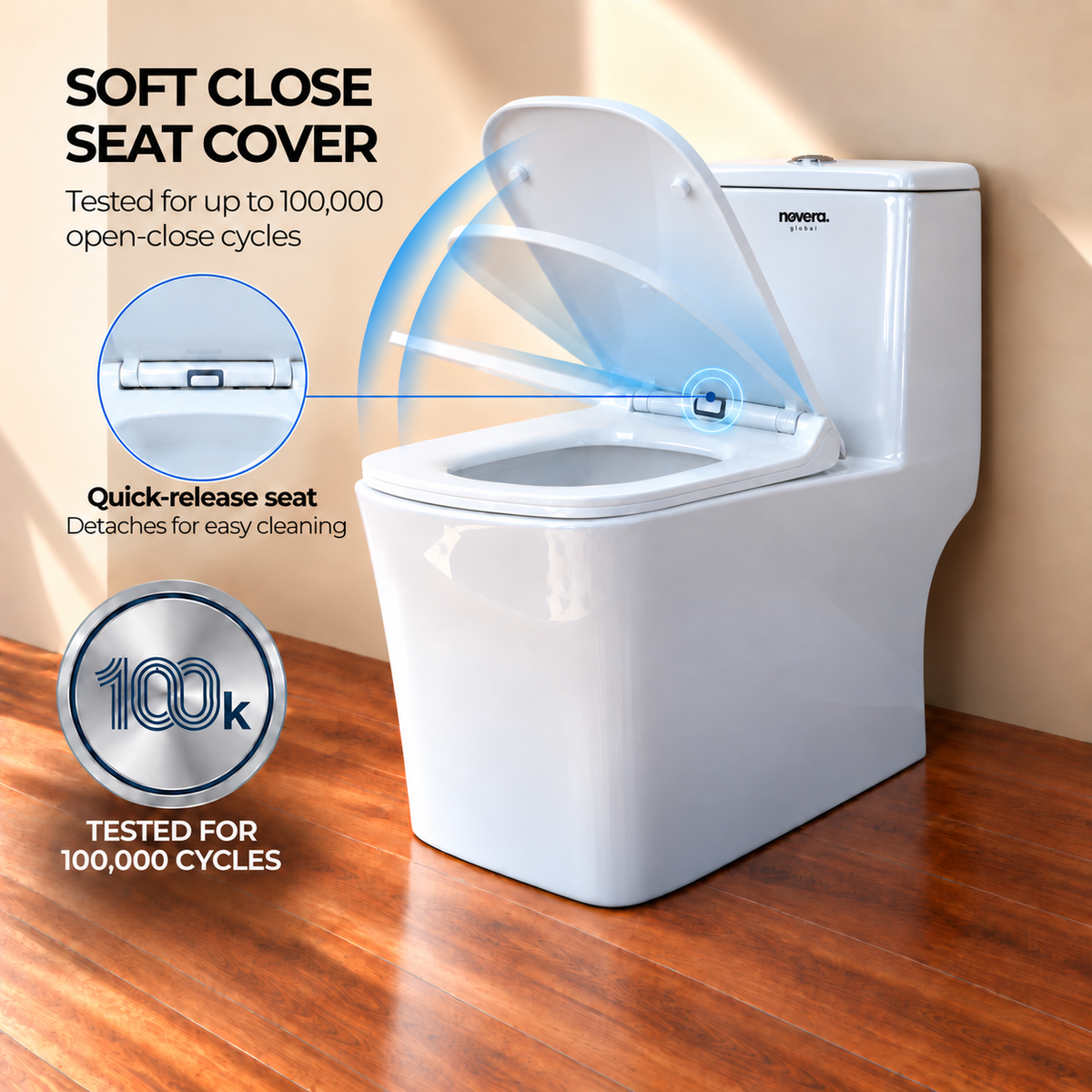 Novera Global One Piece Western Toilet | 6D Jet Flushing System, 3L/6L Dual Flush, S-Trap Floor Mount Ceramic WC with Soft-Close Quick-Release Seat | 15-Year Warranty | Glossy White Finish