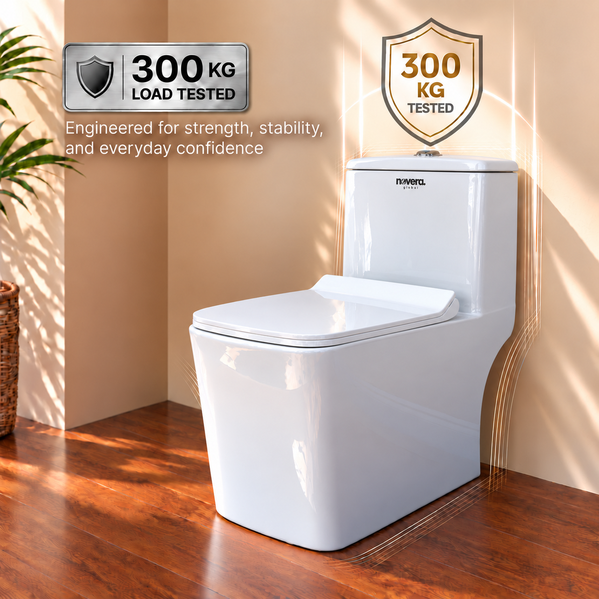 Novera Global One Piece Western Toilet | 6D Jet Flushing System, 3L/6L Dual Flush, S-Trap Floor Mount Ceramic WC with Soft-Close Quick-Release Seat | 15-Year Warranty | Glossy White Finish