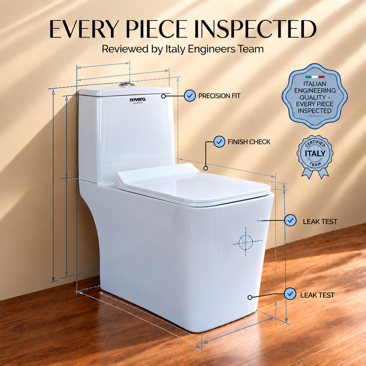 Novera Global One Piece Western Toilet | 6D Jet Flushing System, 3L/6L Dual Flush, S-Trap Floor Mount Ceramic WC with Soft-Close Quick-Release Seat | 15-Year Warranty | Glossy White Finish
