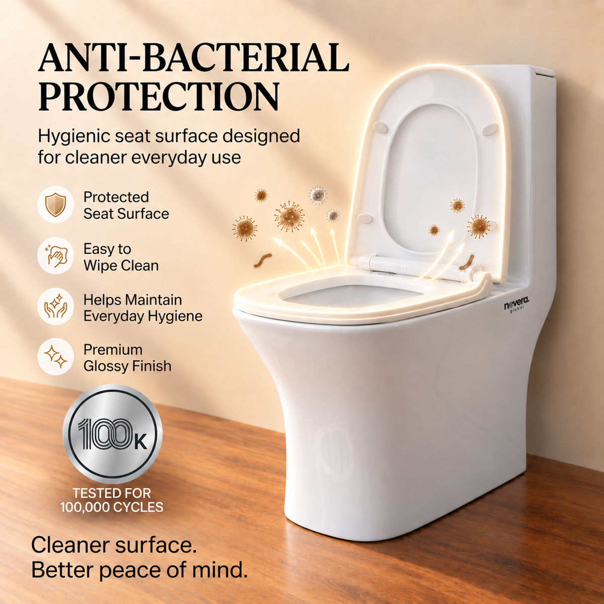 Novera Global One Piece Western Toilet | Floor Mounted Ceramic WC | 15 Year Warranty | S-Trap Compatible, 3/6L Dual Flush, Soft Close Quick Release Seat, Glossy White Finish Commode