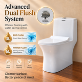 Novera Global One Piece Western Toilet | Floor Mounted Ceramic WC | 15 Year Warranty | S-Trap Compatible, 3/6L Dual Flush, Soft Close Quick Release Seat, Glossy White Finish Commode