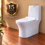 Novera Global One Piece Western Toilet | Floor Mounted Ceramic WC | 15 Year Warranty | S-Trap Compatible, 3/6L Dual Flush, Soft Close Quick Release Seat, Glossy White Finish Commode