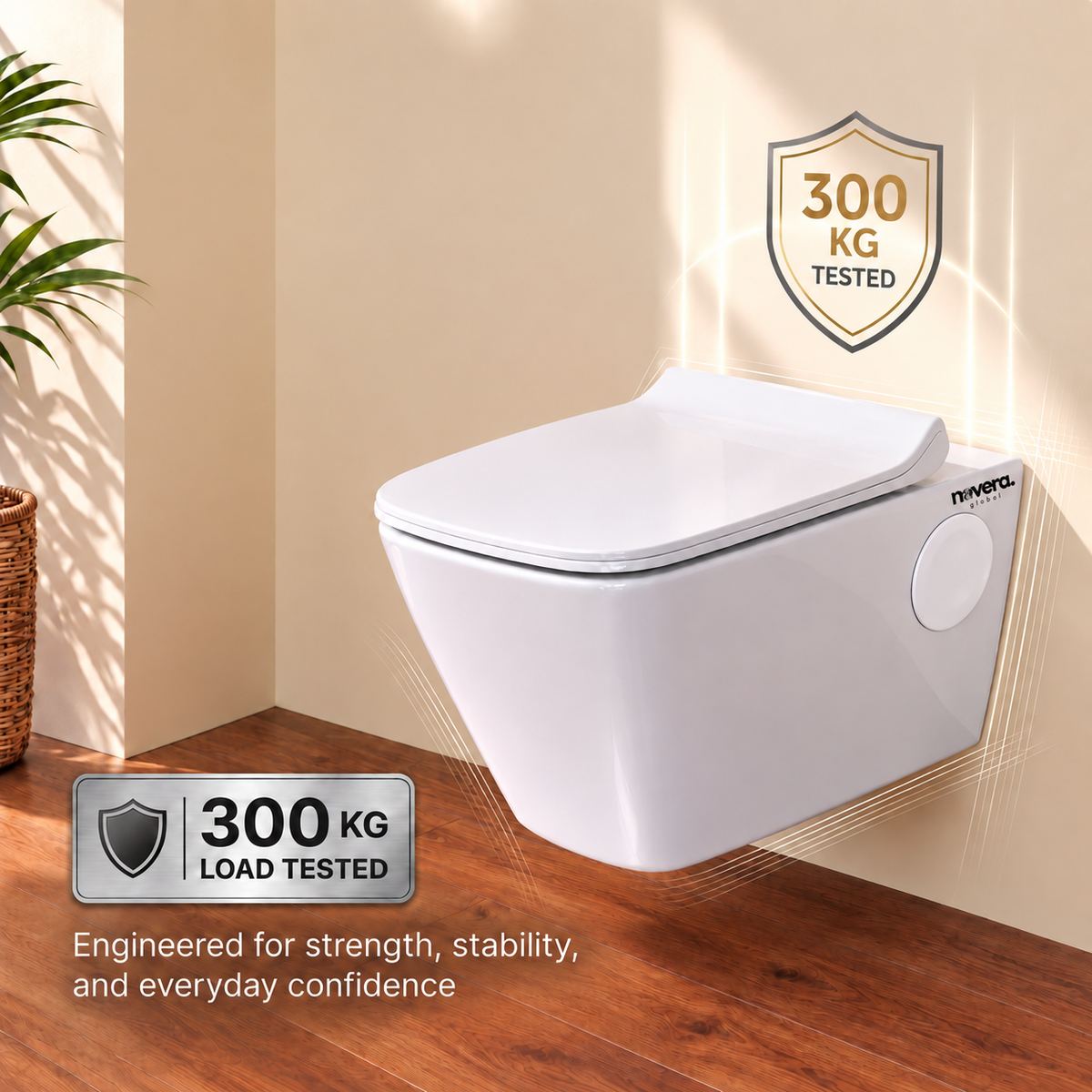 Novera Global Regal Ceramic Wall Hung Toilet | Rimless Washdown Flushing | 15-Year Warranty | P-Trap Compatible, Soft Close Seat Cover, 300 KG Load Tested, White Western Commode