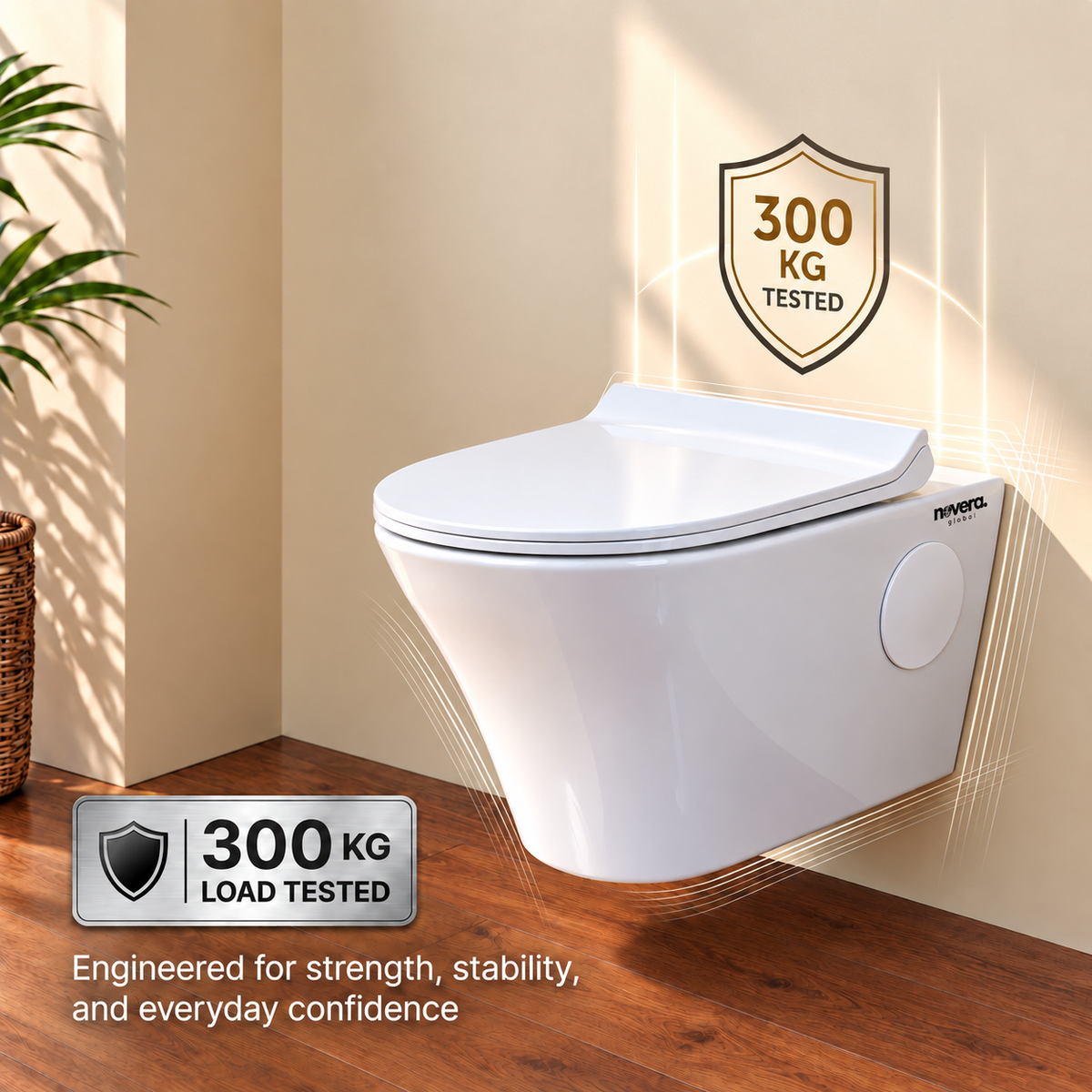 Novera Global Ceramic Wall Hung Toilet | Rimless Washdown Flushing | 15 Years Warranty | P-Trap Compatible Ceramic Western Commode with Soft-Close Seat Cover | 300 KG Load Tested | Glossy White
