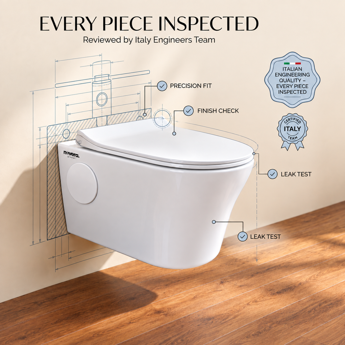 Novera Global Ceramic Wall Hung Toilet | Rimless Washdown Flushing | 15 Years Warranty | P-Trap Compatible Ceramic Western Commode with Soft-Close Seat Cover | 300 KG Load Tested | Glossy White