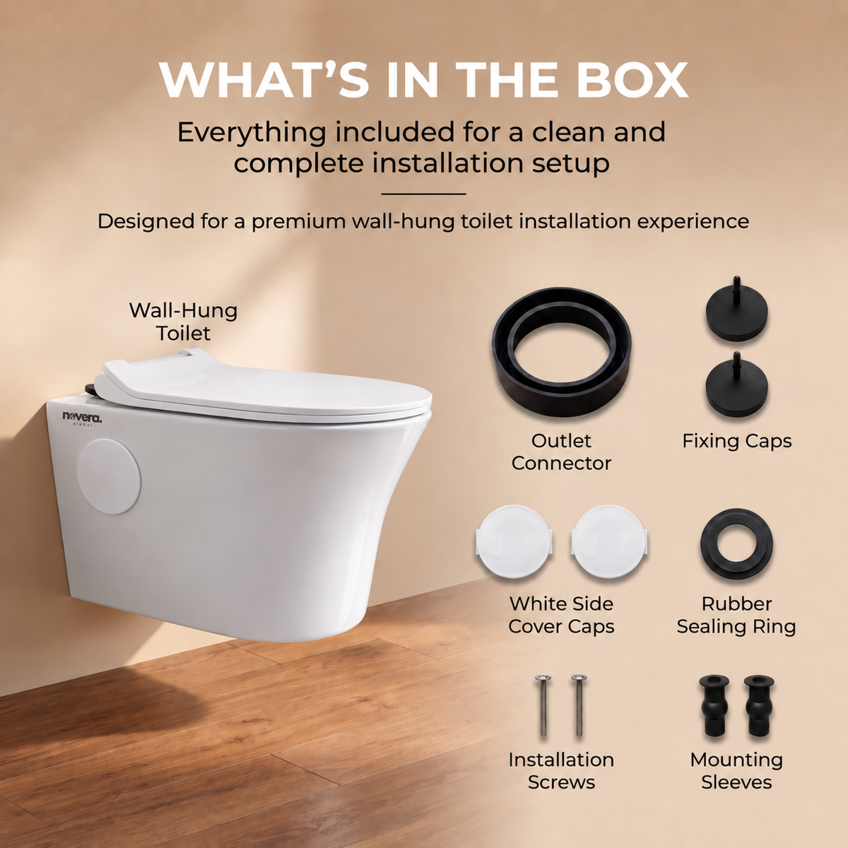 Novera Global Ceramic Wall Hung Toilet | Rimless Washdown Flushing | 15 Years Warranty | P-Trap Compatible Ceramic Western Commode with Soft-Close Seat Cover | 300 KG Load Tested | Glossy White