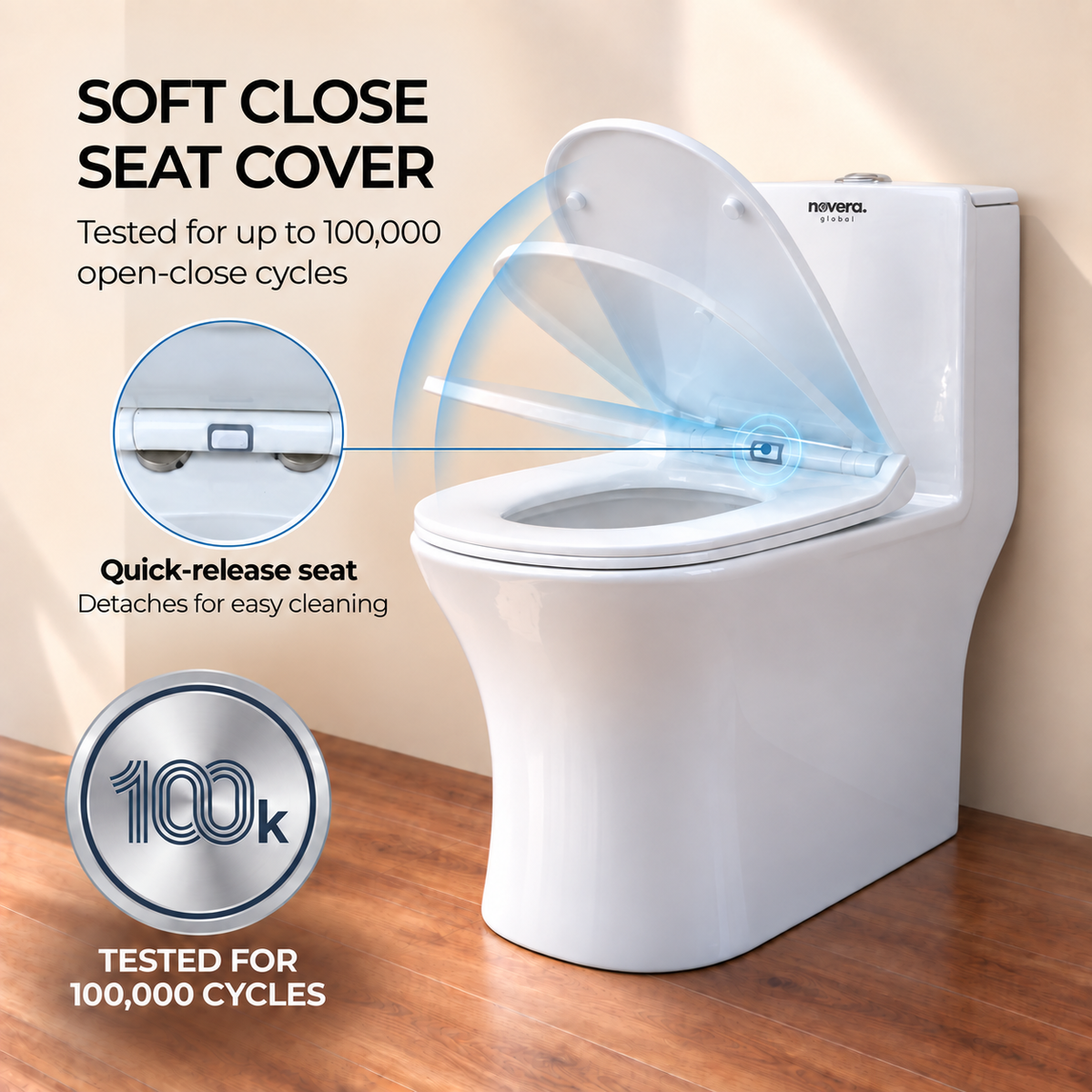 Novera Global One Piece Western Toilet | Floor Mounted Ceramic WC | 15 Year Warranty | S-Trap Compatible, 3/6L Dual Flush, Soft Close Quick Release Seat, Glossy White Finish Commode