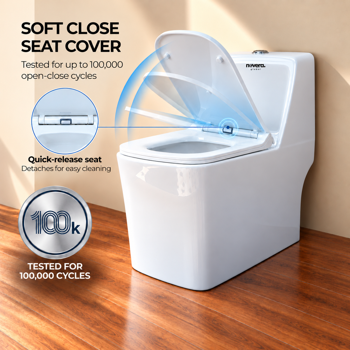 Novera Global One Piece Western Toilet | 6D Flushing System, S-Trap Floor Mount Ceramic  WC, 3L/6L Dual Flush | 15 Year Warranty | Soft Close Quick-Release Seat | Glossy White Finish Commode