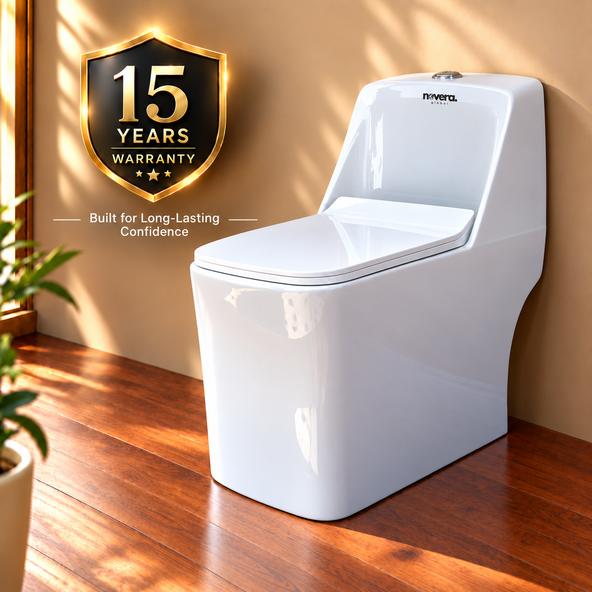 Novera Global One Piece Western Toilet | 6D Flushing System, S-Trap Floor Mount Ceramic  WC, 3L/6L Dual Flush | 15 Year Warranty | Soft Close Quick-Release Seat | Glossy White Finish Commode