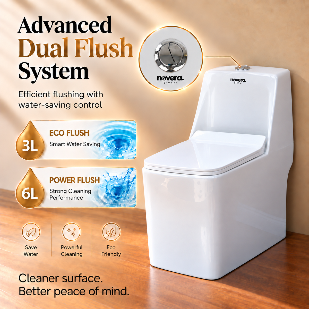Novera Global One Piece Western Toilet | 6D Flushing System, S-Trap Floor Mount Ceramic  WC, 3L/6L Dual Flush | 15 Year Warranty | Soft Close Quick-Release Seat | Glossy White Finish Commode