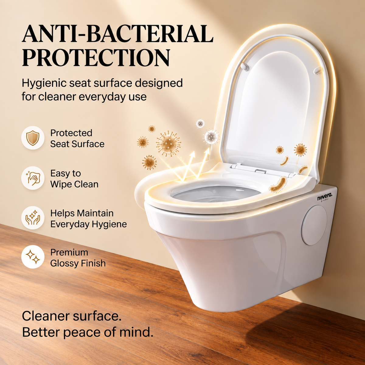 Novera Global Strata Wall Hung Toilet | Rimless Washdown Flushing | 15-Year Warranty | P-Trap Compatible Ceramic Wall Mounted Western Commode with Soft-Close Seat Cover, 300 KG Load Tested