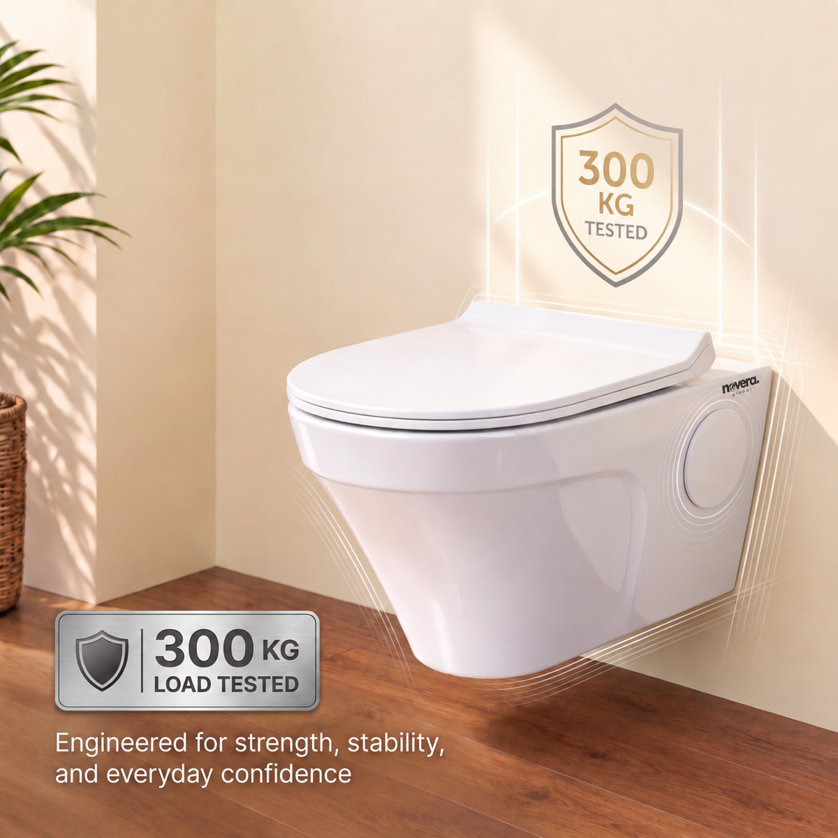 Novera Global Strata Wall Hung Toilet | Rimless Washdown Flushing | 15-Year Warranty | P-Trap Compatible Ceramic Wall Mounted Western Commode with Soft-Close Seat Cover, 300 KG Load Tested