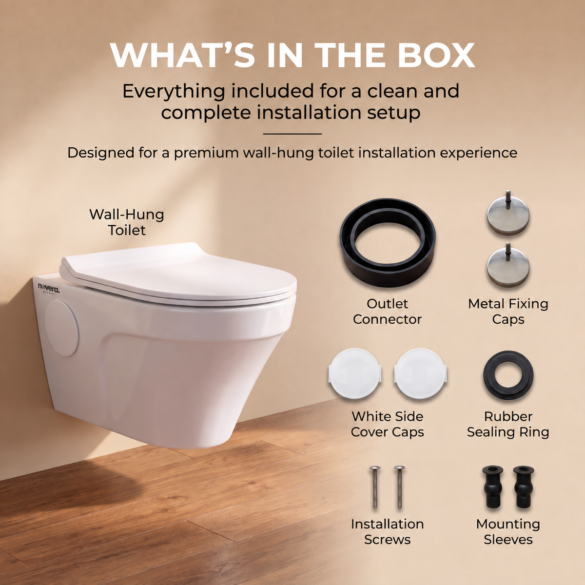 Novera Global Strata Wall Hung Toilet | Rimless Washdown Flushing | 15-Year Warranty | P-Trap Compatible Ceramic Wall Mounted Western Commode with Soft-Close Seat Cover, 300 KG Load Tested