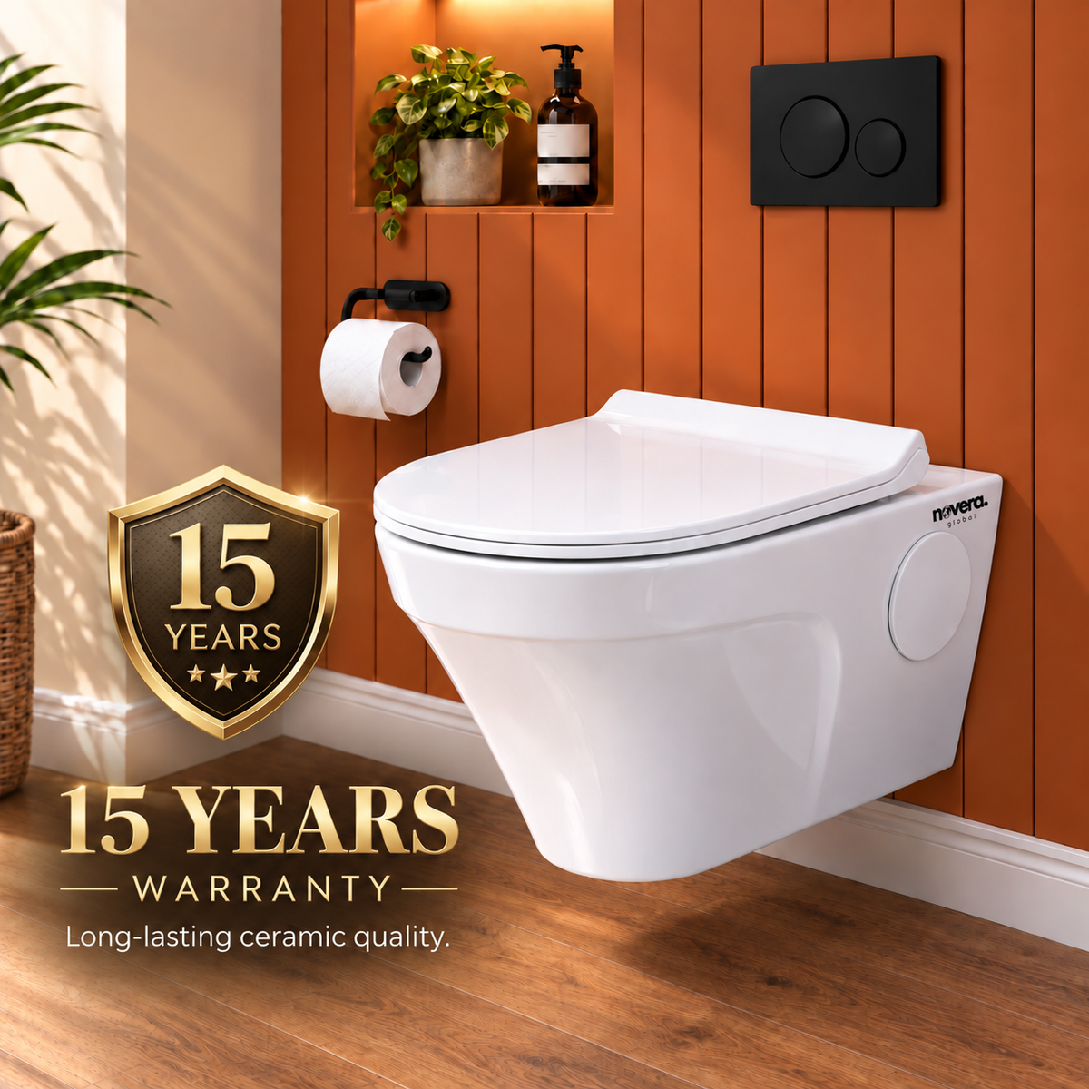 Novera Global Strata Wall Hung Toilet | Rimless Washdown Flushing | 15-Year Warranty | P-Trap Compatible Ceramic Wall Mounted Western Commode with Soft-Close Seat Cover, 300 KG Load Tested