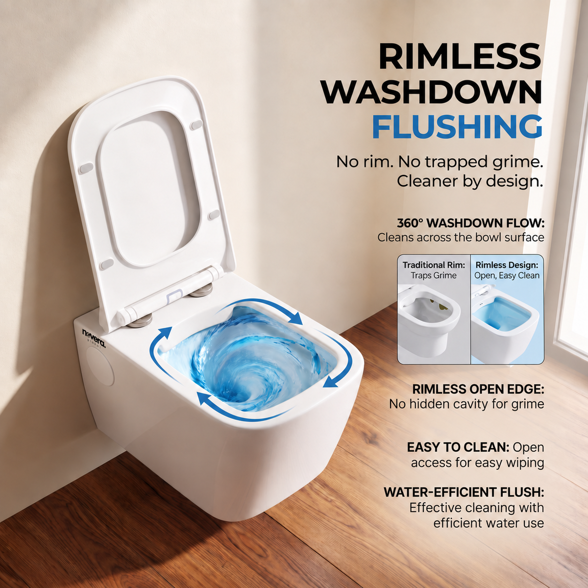 Novera Global Regal Ceramic Wall Hung Toilet | Rimless Washdown Flushing | 15-Year Warranty | P-Trap Compatible, Soft Close Seat Cover, 300 KG Load Tested, White Western Commode