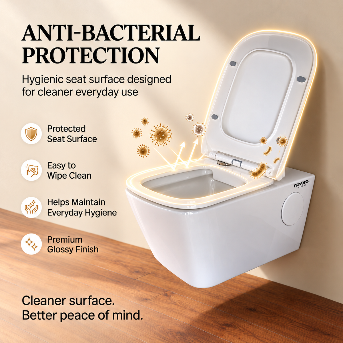 Novera Global Regal Ceramic Wall Hung Toilet | Rimless Washdown Flushing | 15-Year Warranty | P-Trap Compatible, Soft Close Seat Cover, 300 KG Load Tested, White Western Commode