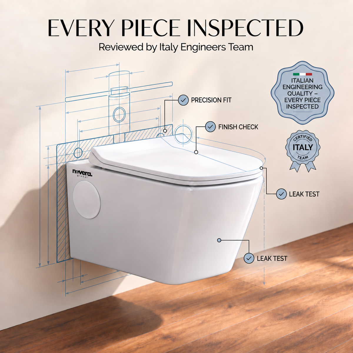Novera Global Regal Ceramic Wall Hung Toilet | Rimless Washdown Flushing | 15-Year Warranty | P-Trap Compatible, Soft Close Seat Cover, 300 KG Load Tested, White Western Commode