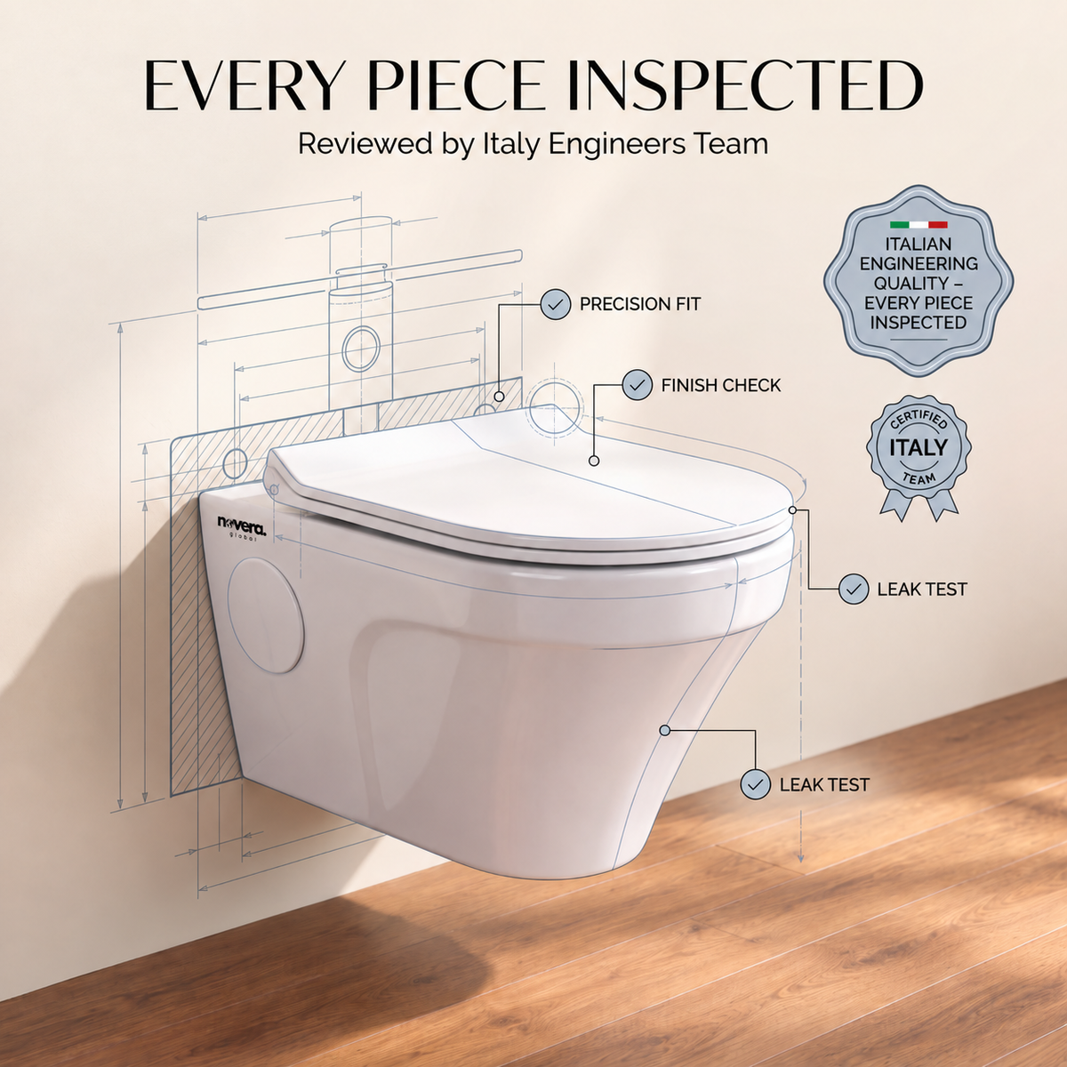 Novera Global Strata Wall Hung Toilet | Rimless Washdown Flushing | 15-Year Warranty | P-Trap Compatible Ceramic Wall Mounted Western Commode with Soft-Close Seat Cover, 300 KG Load Tested