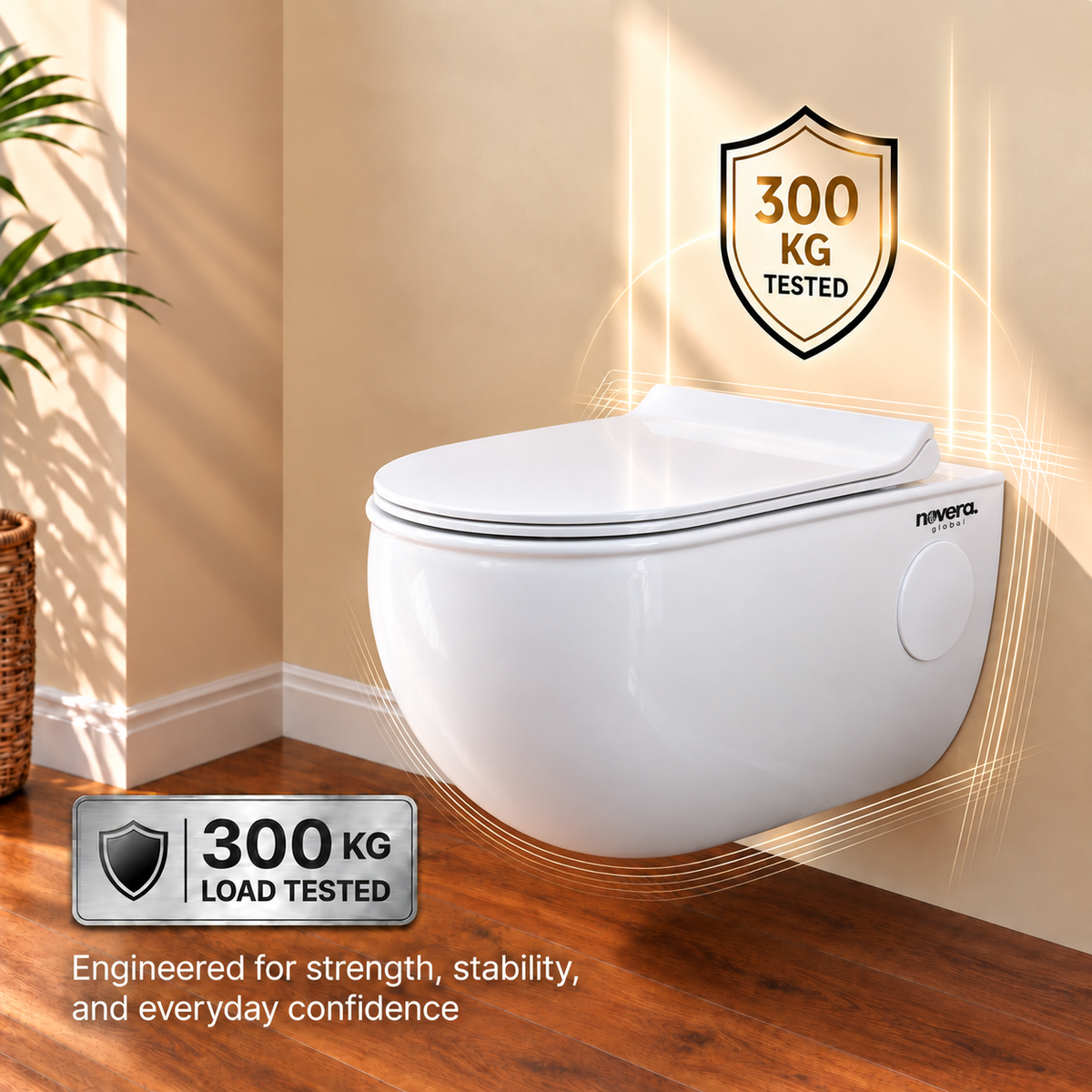 Novera Global Ceramic Wall Hung Western Toilet | 15-Year Warranty | Imported Ceramic 6D Jet Flushing System, P-Trap Compatible, Soft-Close Seat, Glossy White Finish Commode | 300 KG Load Tested