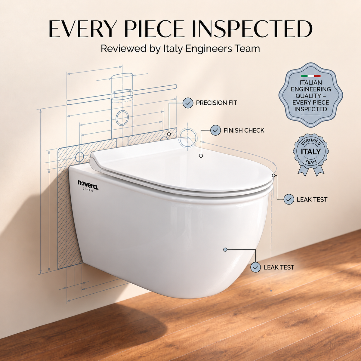 Novera Global Ceramic Wall Hung Western Toilet | 15-Year Warranty | Imported Ceramic 6D Jet Flushing System, P-Trap Compatible, Soft-Close Seat, Glossy White Finish Commode | 300 KG Load Tested