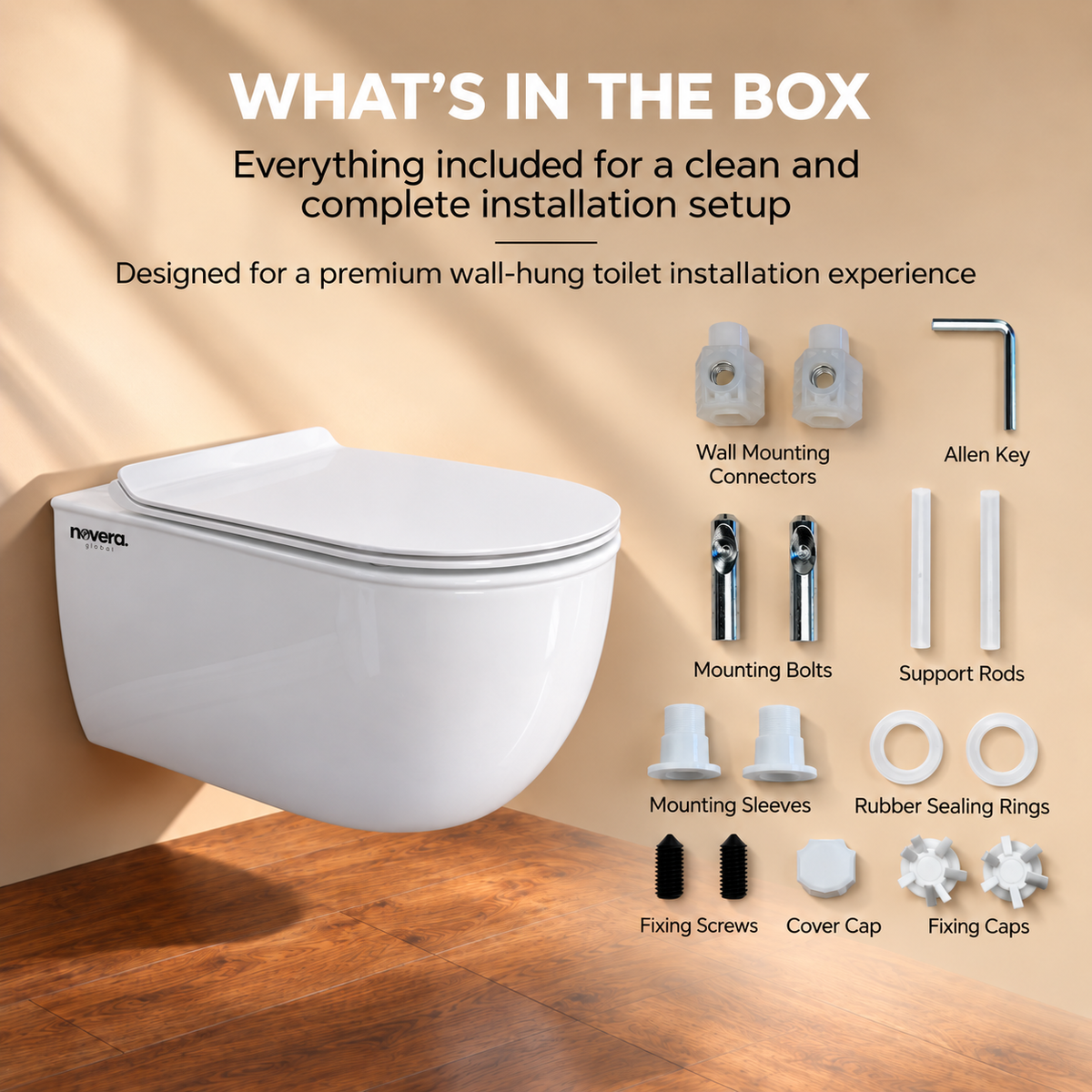 Novera Global Ceramic Wall Hung Western Toilet | 15-Year Warranty | Imported Ceramic 6D Jet Flushing System, P-Trap Compatible, Soft-Close Seat, Glossy White Finish Commode | 300 KG Load Tested