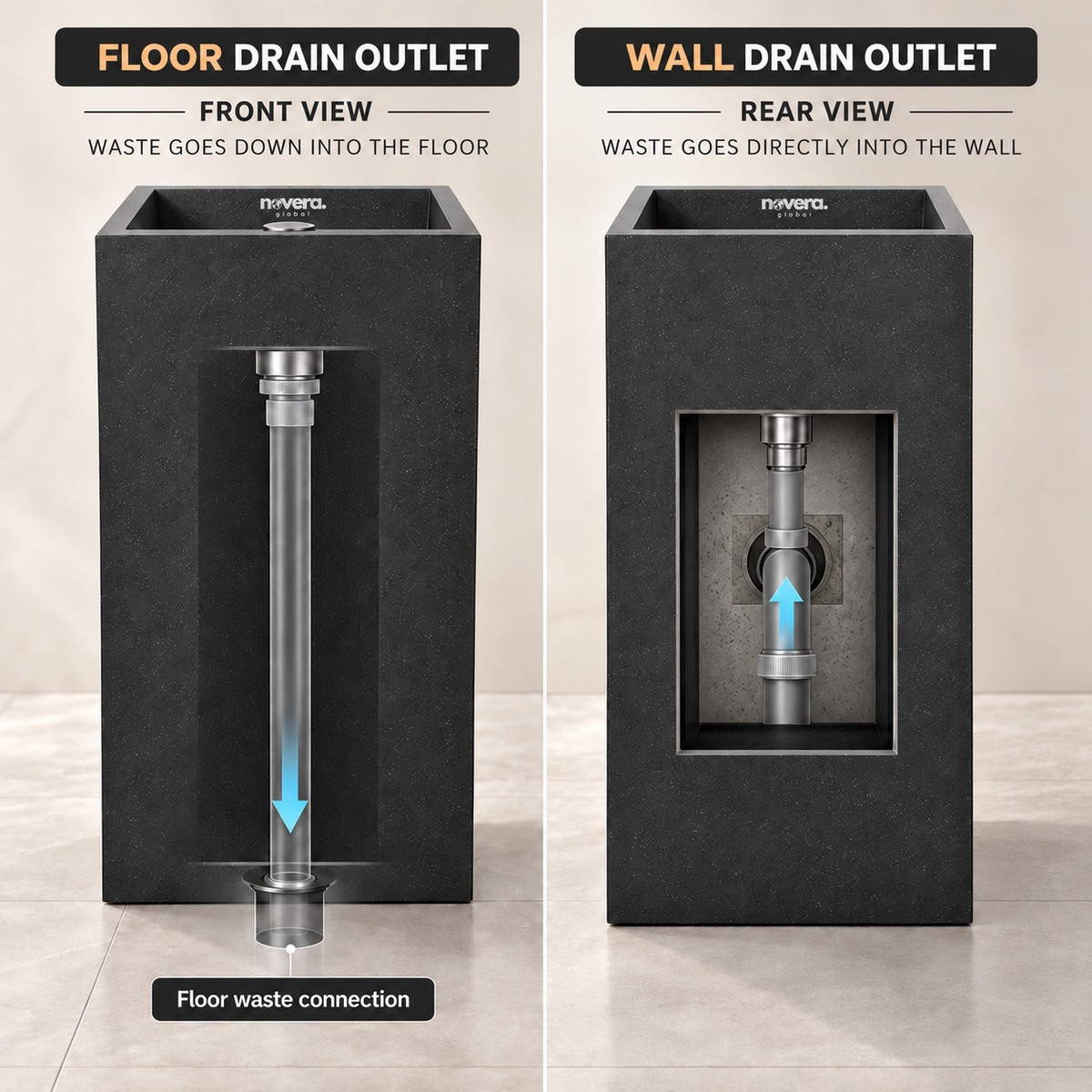 Novera Global Carbon Pedestal Wash Basin | Floor Standing Square Bathroom Sink | 15-Years Warranty | 15 mm Full Body Ceramic Slab, Matte Black Speckled Finish | Scratch, Water & UV Resistant | Pop-Up Drain Included