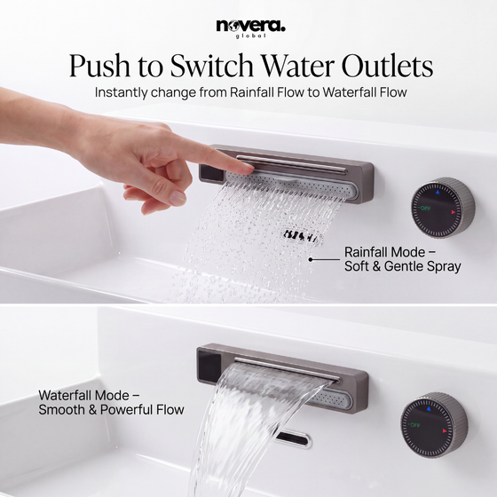 Novera Global FLOWBOX Ceramic Wash Basin for Bathroom with Built-In Faucet, Rain & Cascade Dual Water Flow, Hot Cold Mixer, Tabletop & Wall-Mount Installation, Glossy White, 60.5 × 47 × 24.5 cm