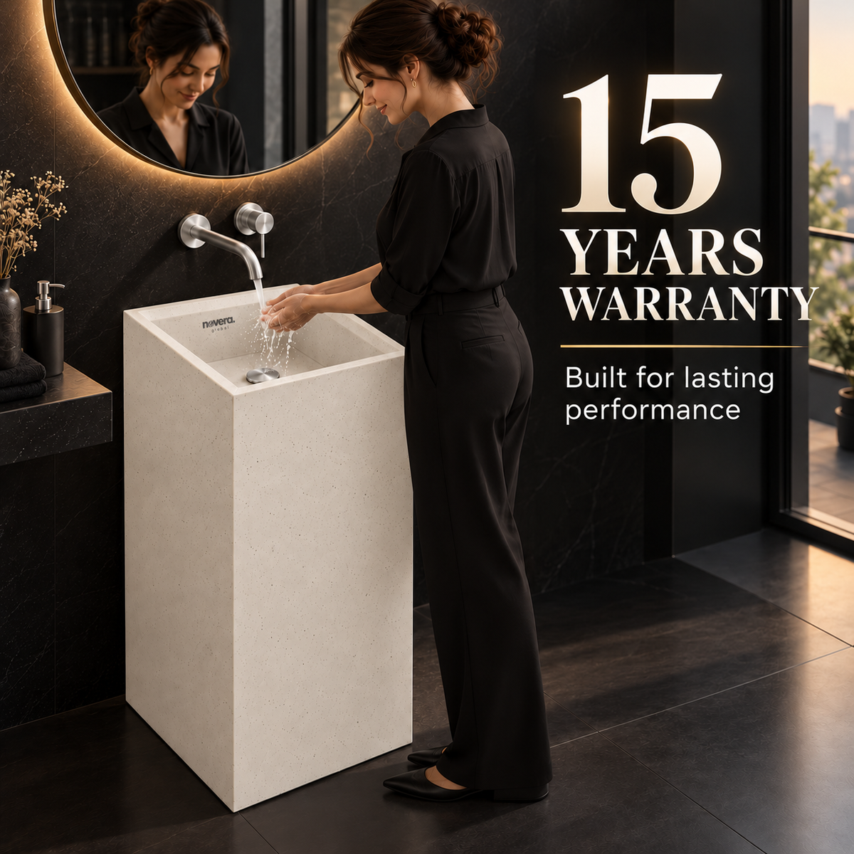 Novera Global Linen Floor Standing Pedestal Wash Basin | 15-Years Warranty | 15 mm Ceramic Slab Matte Finish Speckled off White | Flexible Floor or Wall Drain | Scratch, UV & Water Resistant bathroom Sink | Pop-up Drain Included