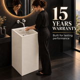 Novera Global Linen Floor Standing Pedestal Wash Basin | 15-Years Warranty | 15 mm Ceramic Slab Matte Finish Speckled off White | Flexible Floor or Wall Drain | Scratch, UV & Water Resistant bathroom Sink | Pop-up Drain Included