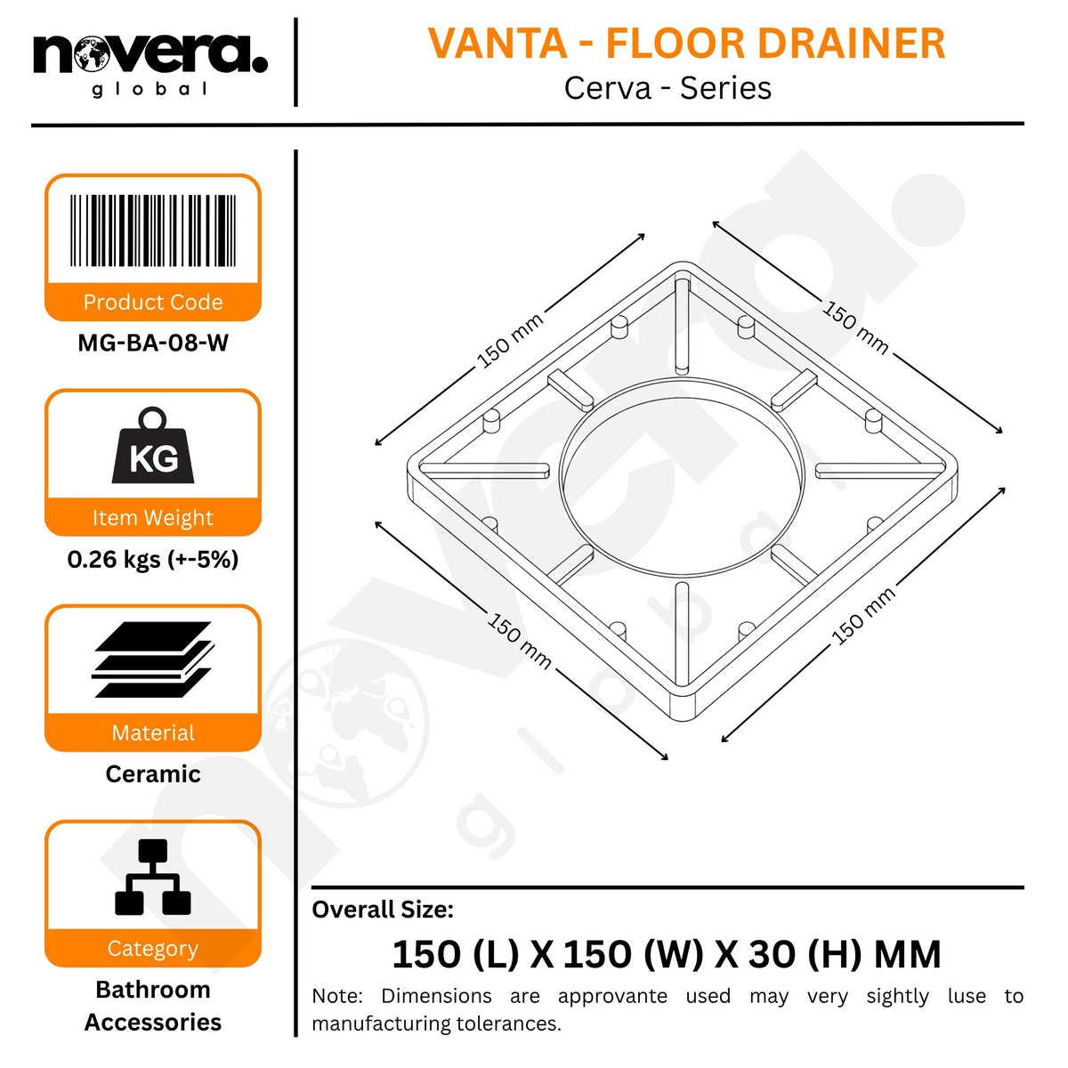 Novera Global Ceramic Square Tile Insert Floor Drain with Anti-Cockroach Trap Cup | Invisible Bathroom Drain Jali | 10-Year Warranty | Rust & Fade Proof Floor Waste Drain for Shower & Balcony (White)