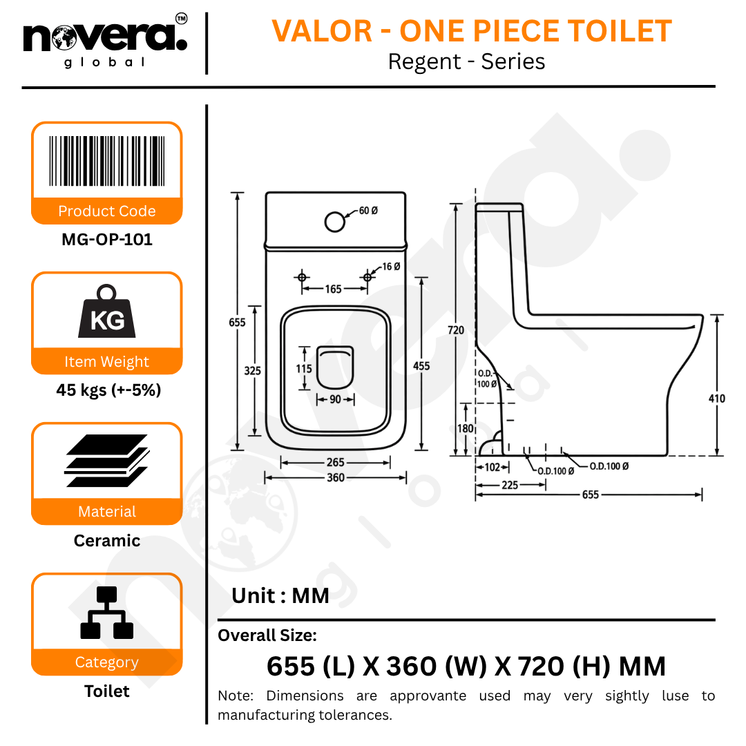Novera Global One Piece Western Toilet | Floor Mounted Ceramic Commode with 3L/6L Dual Flush | 15-Years Warranty | Soft Close Quick Release Seat | Glossy White Finish | 655 x 360 x 720 mm