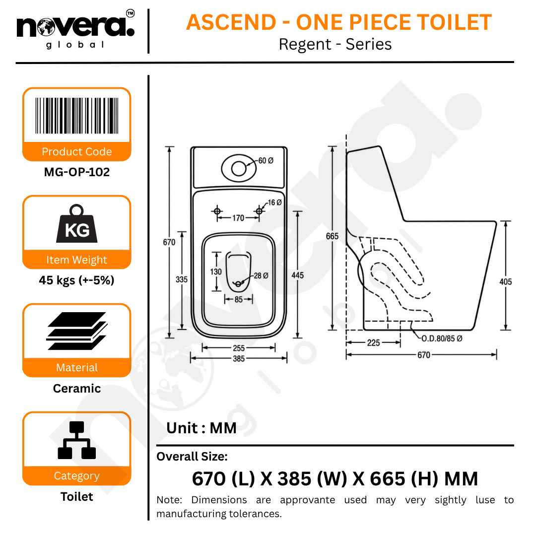 Novera Global One Piece Western Toilet | 6D Flushing System, S-Trap Floor Mount Ceramic  WC, 3L/6L Dual Flush | 15 Year Warranty | Soft Close Quick-Release Seat | Glossy White Finish Commode