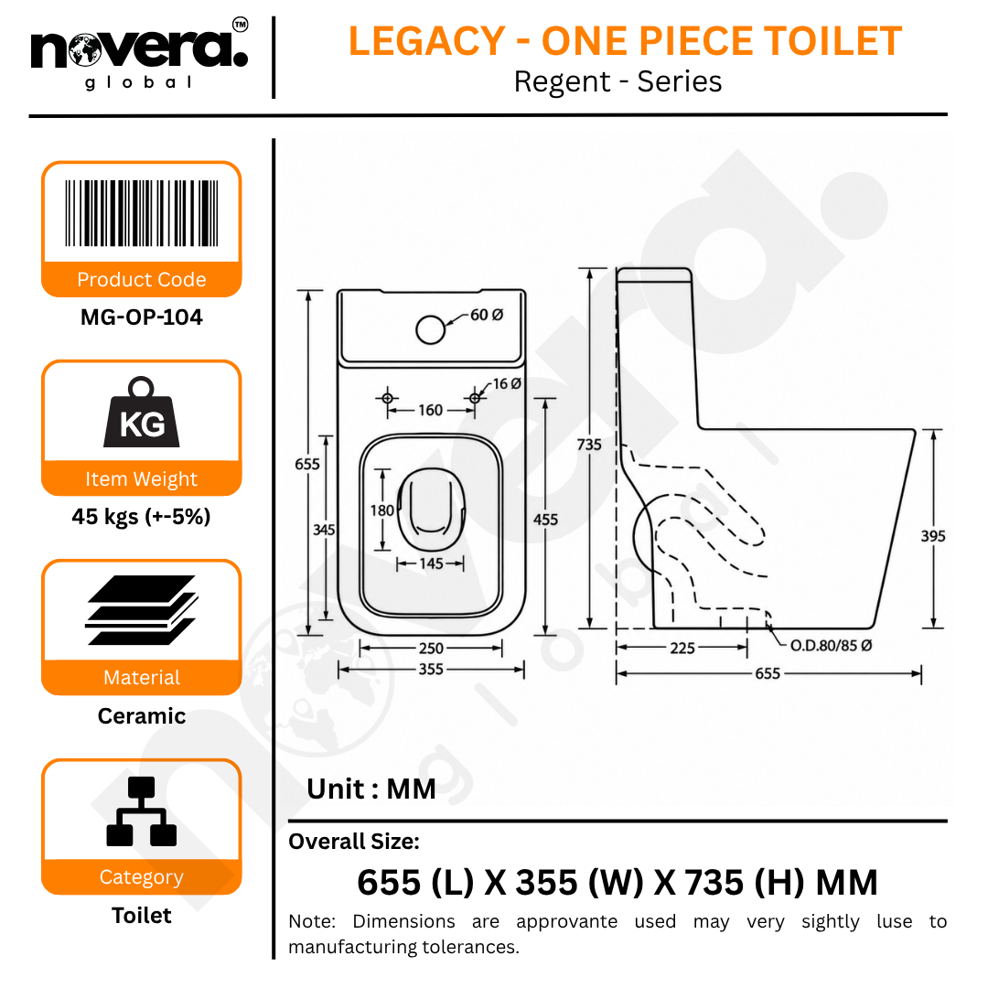 Novera Global One Piece Western Toilet | 6D Jet Flushing System, 3L/6L Dual Flush, S-Trap Floor Mount Ceramic WC with Soft-Close Quick-Release Seat | 15-Year Warranty | Glossy White Finish