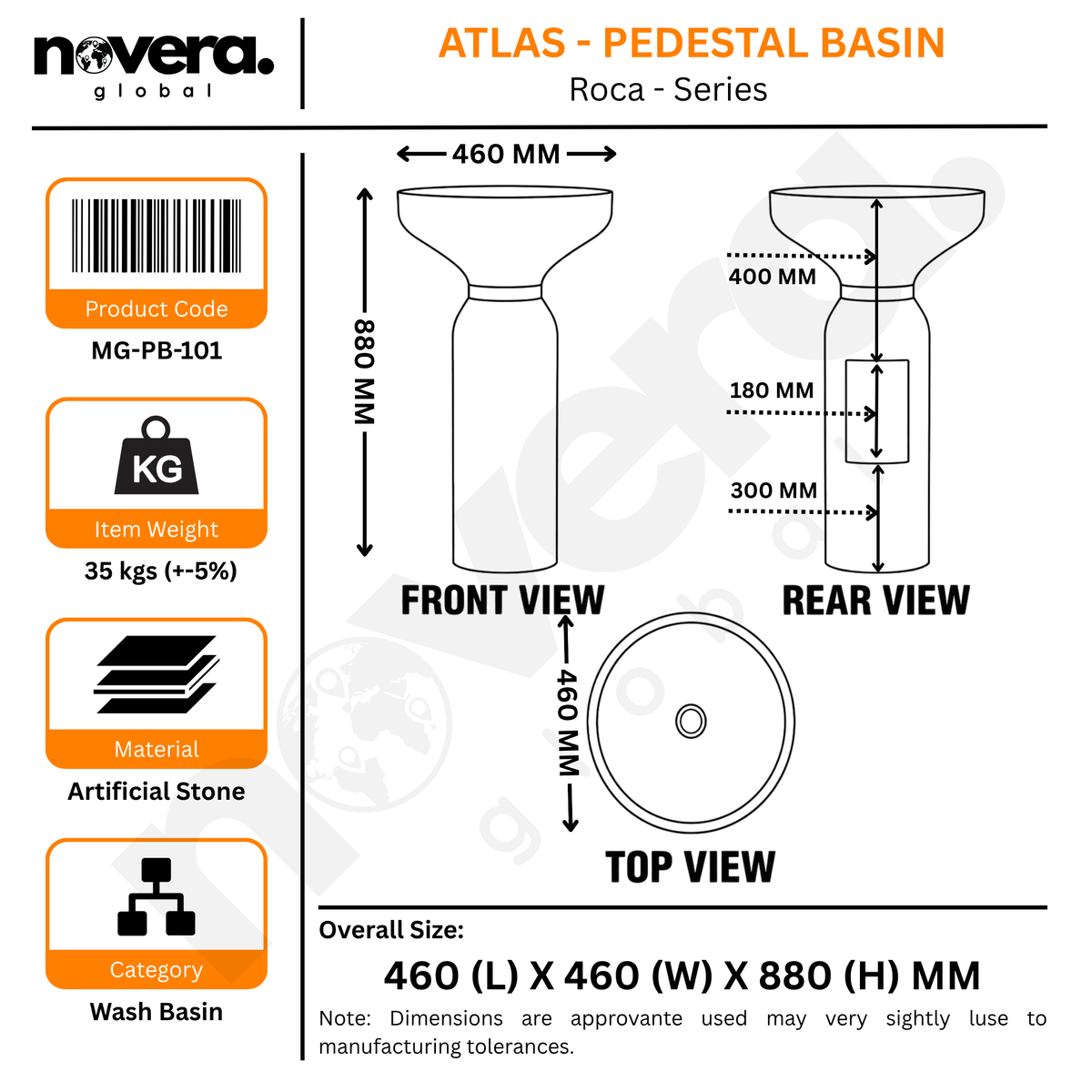 Novera Global Atlas Freestanding Pedestal Wash Basin | 10 Year Warranty | Artificial Stone Floor Standing Bathroom Sink | Matte White & Black Marble Look Pedestal Basin | Drain Included, 460 x 460 x 880 mm