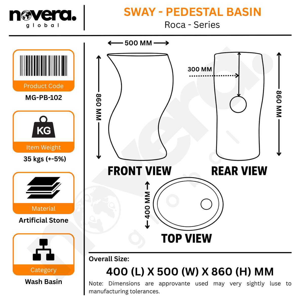 Novera Global Sway Freestanding Pedestal Wash Basin | 10-Years Warranty | Roca Series Artificial Stone Floor Standing Designer Basin | Luxury Pedestal Basin Bathroom Sink in Japanese Shape | Textured Matte Ivory Finish