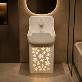Novera Global Blossom Freestanding Pedestal Wash Basin | 10-Year Warranty | Luxury Artificial Stone Floor Standing Designer Basin with Warm LED Floral Design Bathroom Sink | Matching Faucet & Drain Included