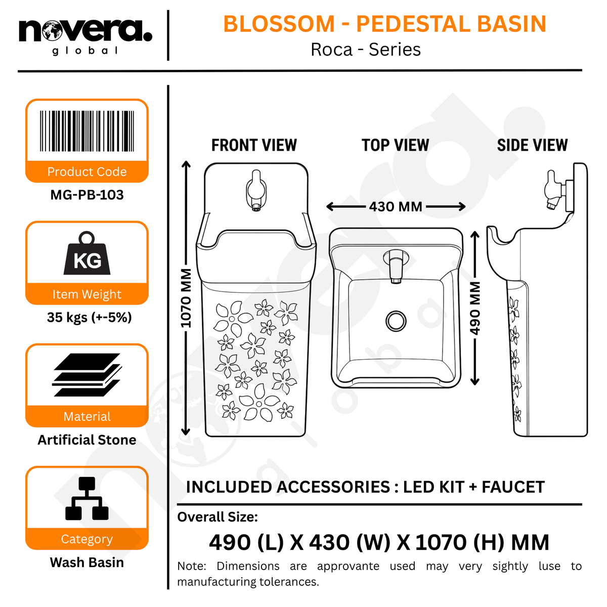 Novera Global Blossom Freestanding Pedestal Wash Basin | 10-Year Warranty | Luxury Artificial Stone Floor Standing Designer Basin with Warm LED Floral Design Bathroom Sink | Matching Faucet & Drain Included