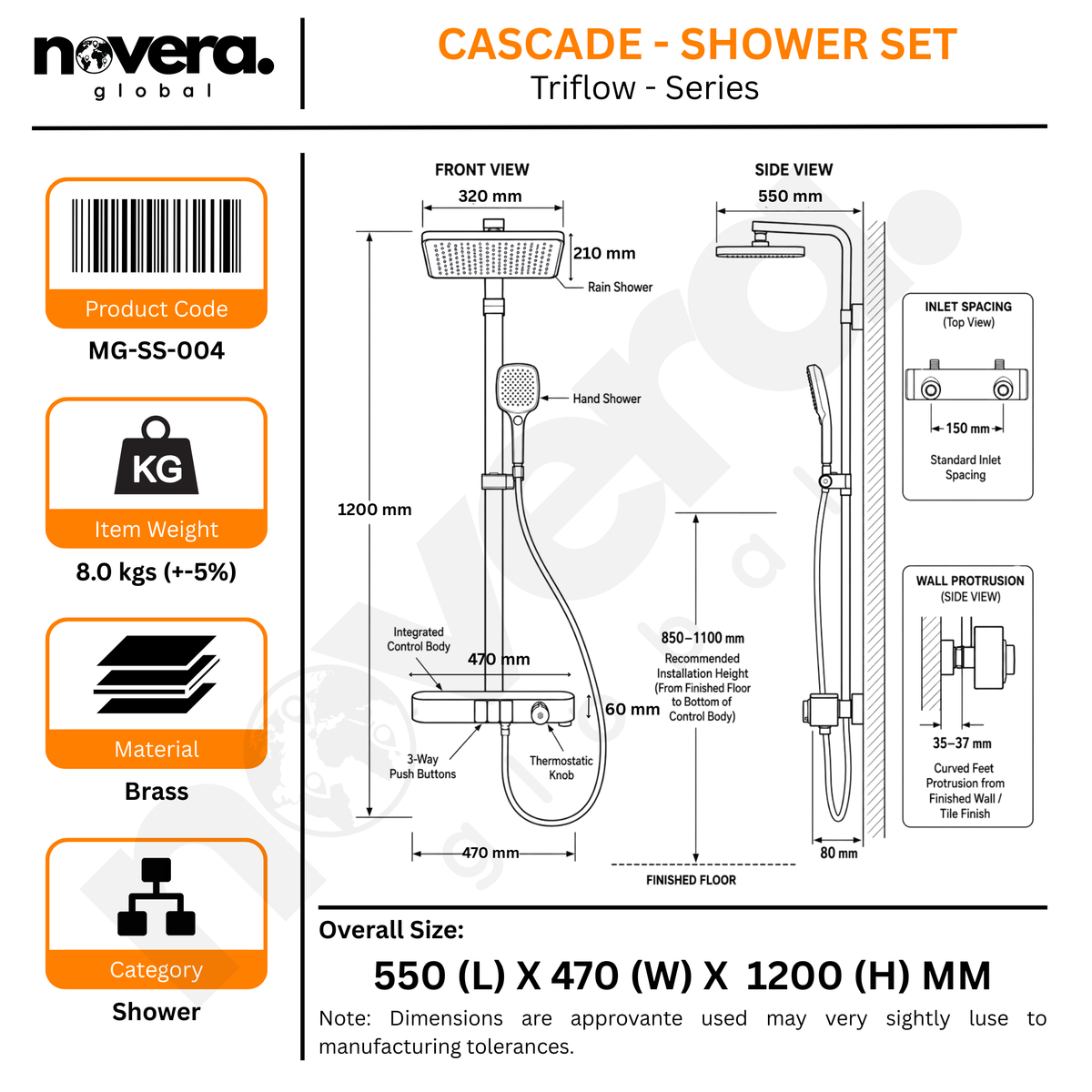 Novera Global Rain Shower Set for Bathroom – 3-in-1 Brass Shower System with Large Overhead Rain Shower, Multi-Mode Hand Shower, Waterfall Spout & Storage Shelf | Push-Button, Wall-Mounted (Brushed Gold)