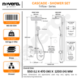 Novera Global Rain Shower Set for Bathroom – 3-in-1 Brass Shower System with Large Overhead Rain Shower, Multi-Mode Hand Shower, Waterfall Spout & Storage Shelf | Push-Button, Wall-Mounted (Brushed Gold)