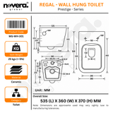 Novera Global Regal Ceramic Wall Hung Toilet | Rimless Washdown Flushing | 15-Year Warranty | P-Trap Compatible, Soft Close Seat Cover, 300 KG Load Tested, White Western Commode