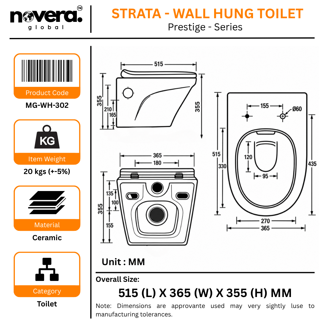 Novera Global Strata Wall Hung Toilet | Rimless Washdown Flushing | 15-Year Warranty | P-Trap Compatible Ceramic Wall Mounted Western Commode with Soft-Close Seat Cover, 300 KG Load Tested