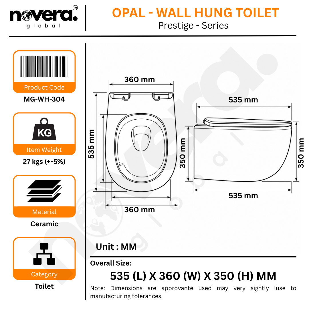 Novera Global Ceramic Wall Hung Western Toilet | 15-Year Warranty | Imported Ceramic 6D Jet Flushing System, P-Trap Compatible, Soft-Close Seat, Glossy White Finish Commode | 300 KG Load Tested
