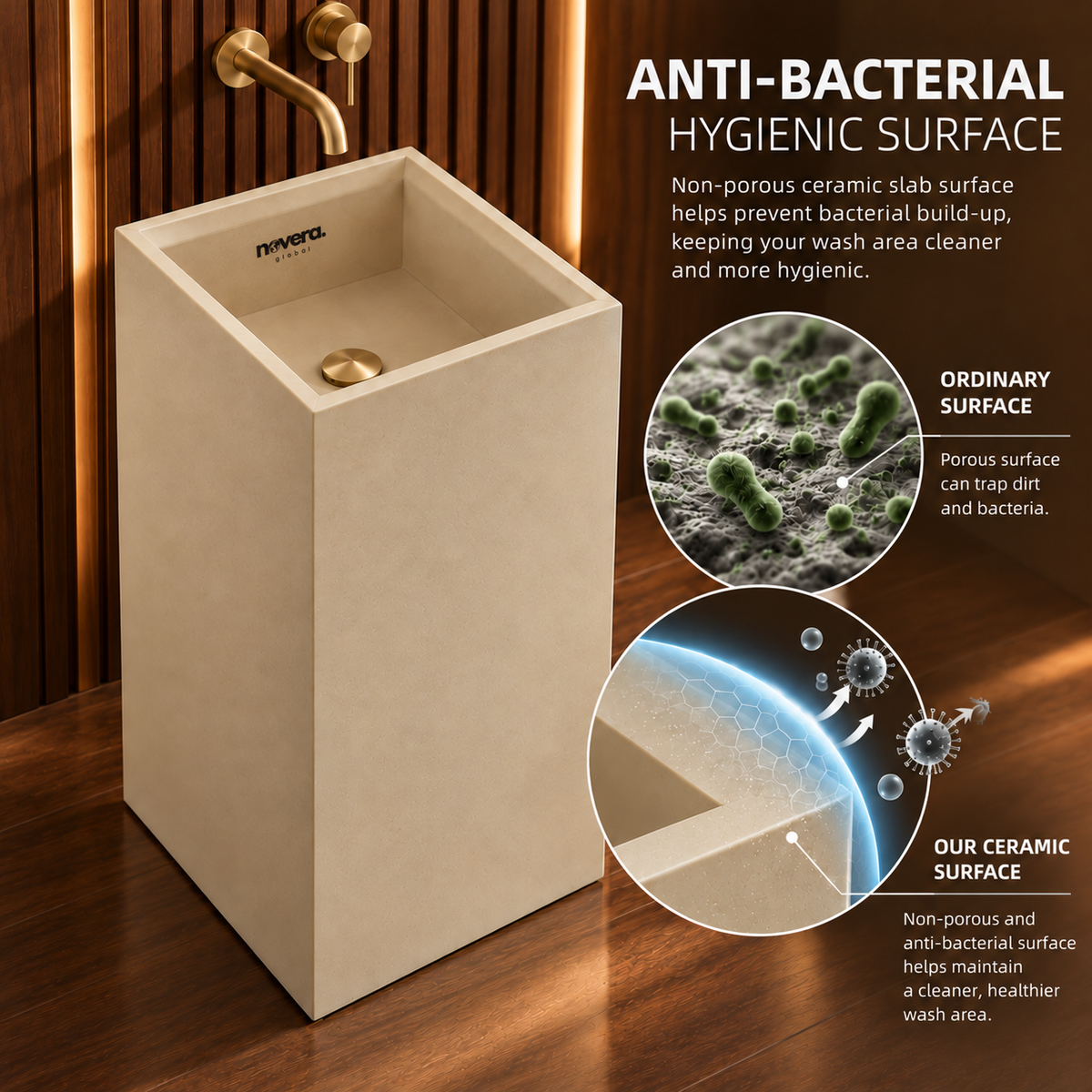 Novera Global Fawn Floor Standing Pedestal Wash Basin | 15-Years Warranty | 15 mm Ceramic Slab, Matte Finish Beige Square Bathroom Sink | Pop-Up Drain Included | Water, Scratch & UV Resistant Freestanding Wash Basin