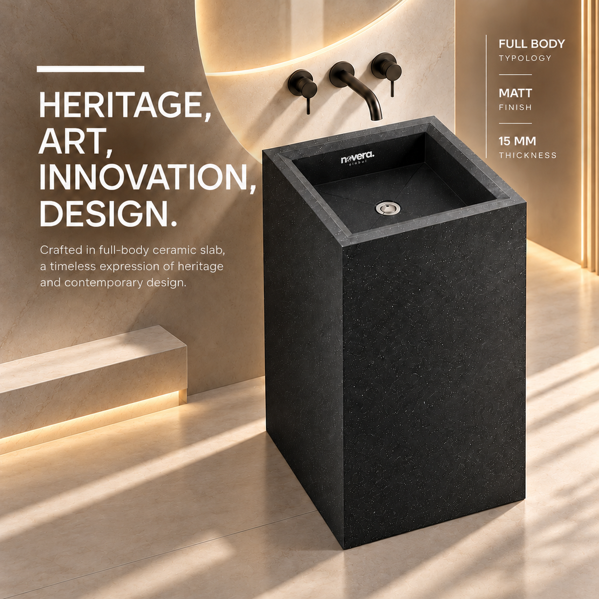 Novera Global Carbon Pedestal Wash Basin | Floor Standing Square Bathroom Sink | 15-Years Warranty | 15 mm Full Body Ceramic Slab, Matte Black Speckled Finish | Scratch, Water & UV Resistant | Pop-Up Drain Included