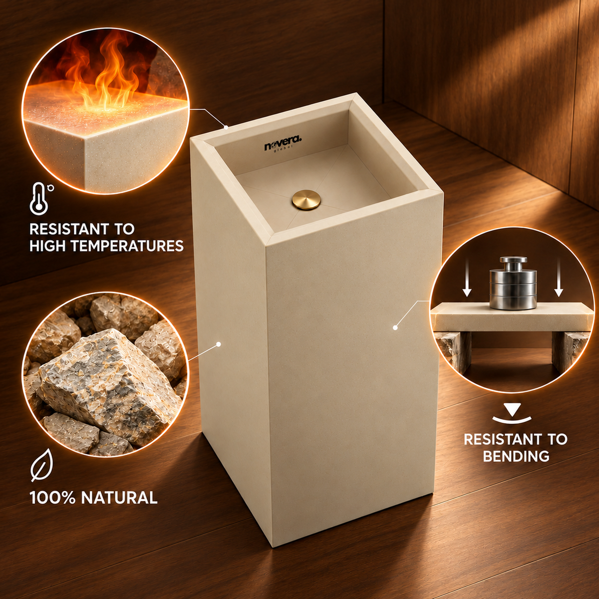 Novera Global Fawn Floor Standing Pedestal Wash Basin | 15-Years Warranty | 15 mm Ceramic Slab, Matte Finish Beige Square Bathroom Sink | Pop-Up Drain Included | Water, Scratch & UV Resistant Freestanding Wash Basin