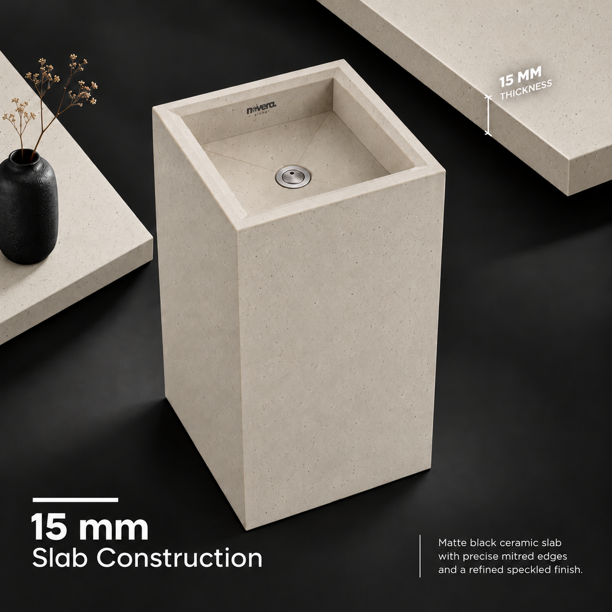 Novera Global Linen Floor Standing Pedestal Wash Basin | 15-Years Warranty | 15 mm Ceramic Slab Matte Finish Speckled off White | Flexible Floor or Wall Drain | Scratch, UV & Water Resistant bathroom Sink | Pop-up Drain Included